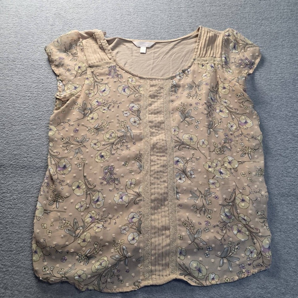 Floral Blouse Womens Large Beige Cap Sleeve Boho Lace Trim LC Lauren Conrad